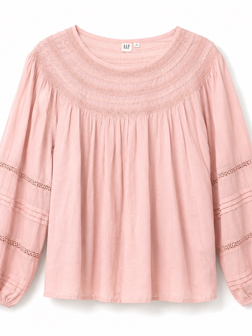 M GAP Feminine Pintuck & Lace Yoke Blouse in Pale Pink